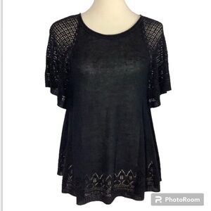 Anthropologie Meadow Rue Black Crochet Knit Flutter Sleeve Sweater Size Medium